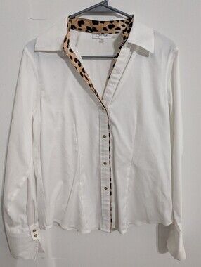 Calvin Klein White Button-Down Blouse with Leopard Trim